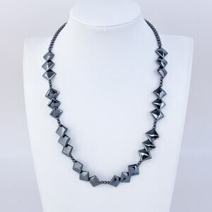 Vintage Sterling Silver 925 Hematite Geometric Bead Necklace 16"-17.5"